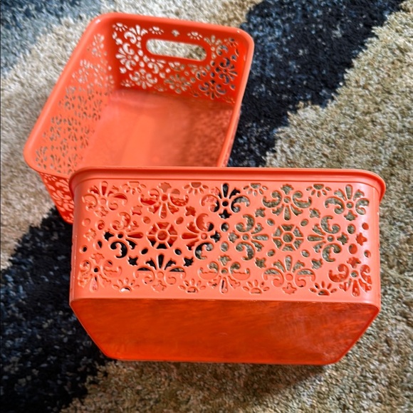 2 pk Orange Plastic Storage Basket with Intricate Floral Patterns NWOT YOU GET 2 - Picture 2 of 6